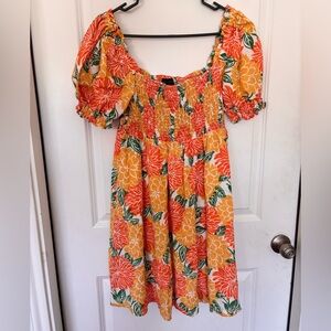 House Of Harlow 1960 Linen Dress Orange Flower Print L Smock Mini Tropical 3098